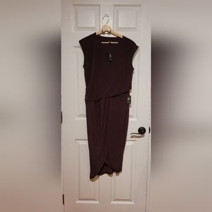 Crew Neck Cap Sleeve Ruched Draped Midi Sheath Dress - Wine 851 / Purple